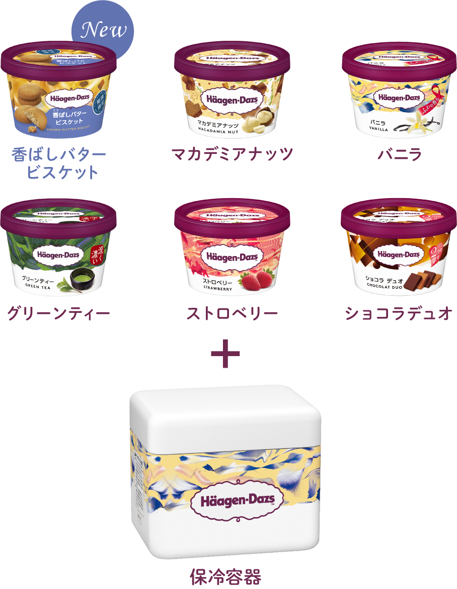 セット内容 ハーゲンダッツミニカップ(バニラ、グリーンティー、ストロベリー、マカダミアナッツ、ショコラデュオ、香ばしバターのビスケット)