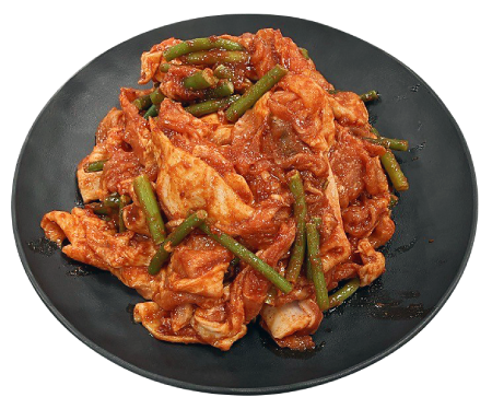 原料原産地：豚肉(カナダ産) 豚味付チェユクポックム用(モモ肉)ニンニクの芽入り(解凍)（100g当り） ¥128(税込¥139)