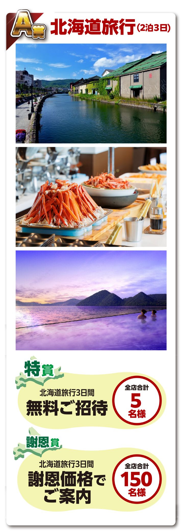 A賞 北海道旅行（2泊3日）特賞：北海道旅行3日間 無料ご招待（全店合計5名様） 謝恩賞：北海道旅行3日間謝恩価格でご案内（全店合計150名様）