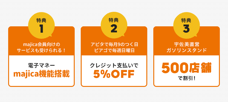 特典1 majica会員向けのサービスも受けられる!電子マネーmajica機能搭載 特典2 アピタで毎月9のつく日ピアゴで毎週日曜日クレジット支払いで5%OFF 特典3 宇佐美直営ガソリンスタンド500店舗で割引!