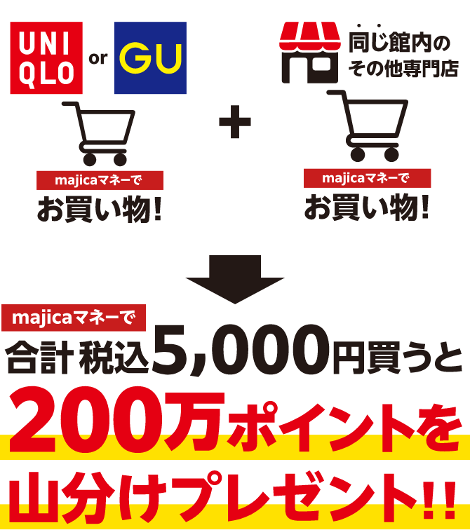 ユニクロorジーユーmajicaマネーでお買い物！ + 同じ館内のその他専門店majicaマネーでお買い物！
              majicaマネーで合計税込5,000円買うと200万ポイントを山分けプレゼント!!