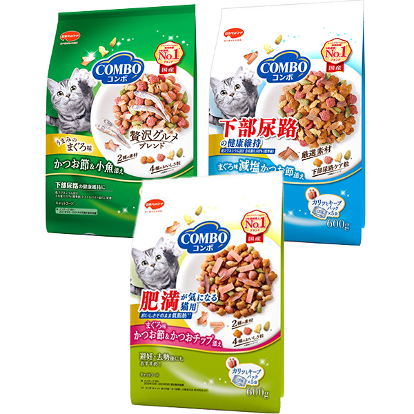 日本ペット コンボ キャット まぐろ味・かつお節・小魚添え(600g)、猫下部尿路の健康維持(600g)、肥満が気になる猫用 まぐろ味・かつお節・かつおチップ添え(600g)