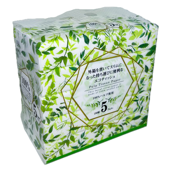  外箱を省いたエコティッシュ5個パック(150組×5個入)