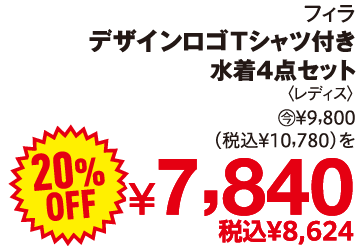 フィラ デザインロゴTシャツ付き水着4点セット 9,800円(税込10,780円)を20%OFFで7,840円(税込8,624円)