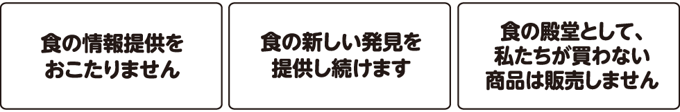 ①食の情報提供をおこたりません②食の新しい発見を提供し続けます③食の殿堂として、私たちが買わない商品は販売しません