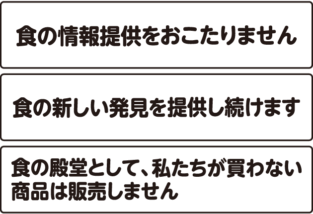 ①食の情報提供をおこたりません②食の新しい発見を提供し続けます③食の殿堂として、私たちが買わない商品は販売しません